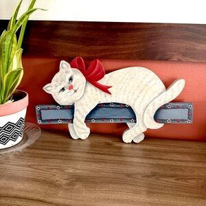Vintage Cat Wood Handpainted Wall Plaque Wall Hanging Art White Kitty Cottage